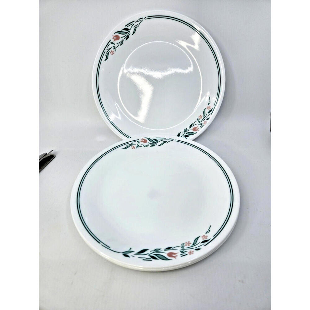 Corelle Rosemarie  Dinner Plates Green Lines Pink Tulip 10 1/4 inch Lot of 4
